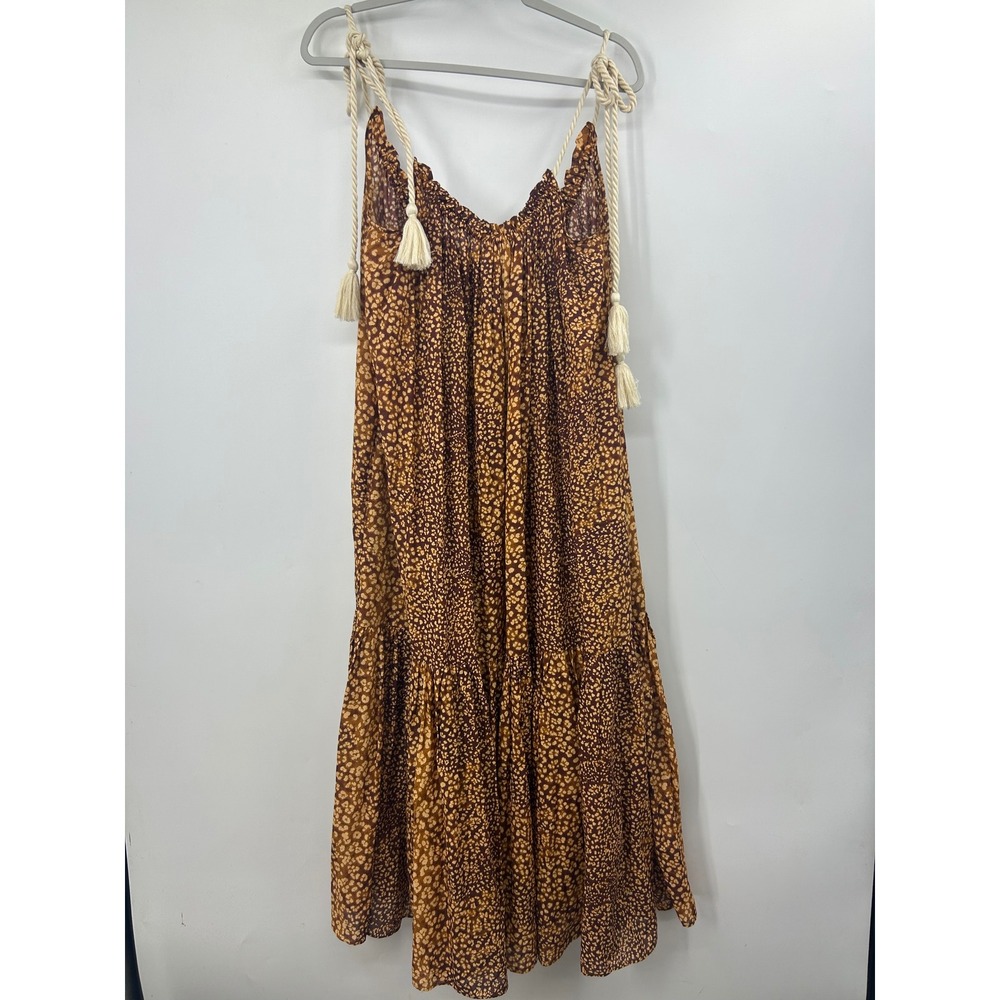 Ulla Johnson La John Brown Floral Tiered Maxi Dress Rope Tassel Straps Pockets